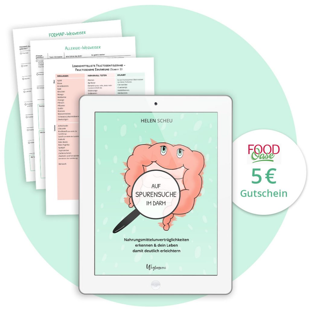 Weglasserei E-Book Auf Spurensuche im Darm mit PDF Arbeitsblättern und Gutschein für den Online Shop Food Oase
