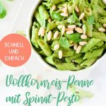 Vollkornreis Penne mit Spinat Pesto sind ein leckeres und schnelles Essen nach einem stressigen Tag. Noch mehr FODMAP-arme Rezepte auf Deutsch findest du auf meinem Blog Weglasserei. Sowie Motivation, um deine Nahrungsmittelunverträglichkeit oder Reizdarm in den Griff zu bekommen. #gesunderezepte #glutenfrei #laktosefrei #fructosearm #lebensmittelunvertraeglichkeit #fodmap #fodmapdiät #fodmaparm #lowfodmap