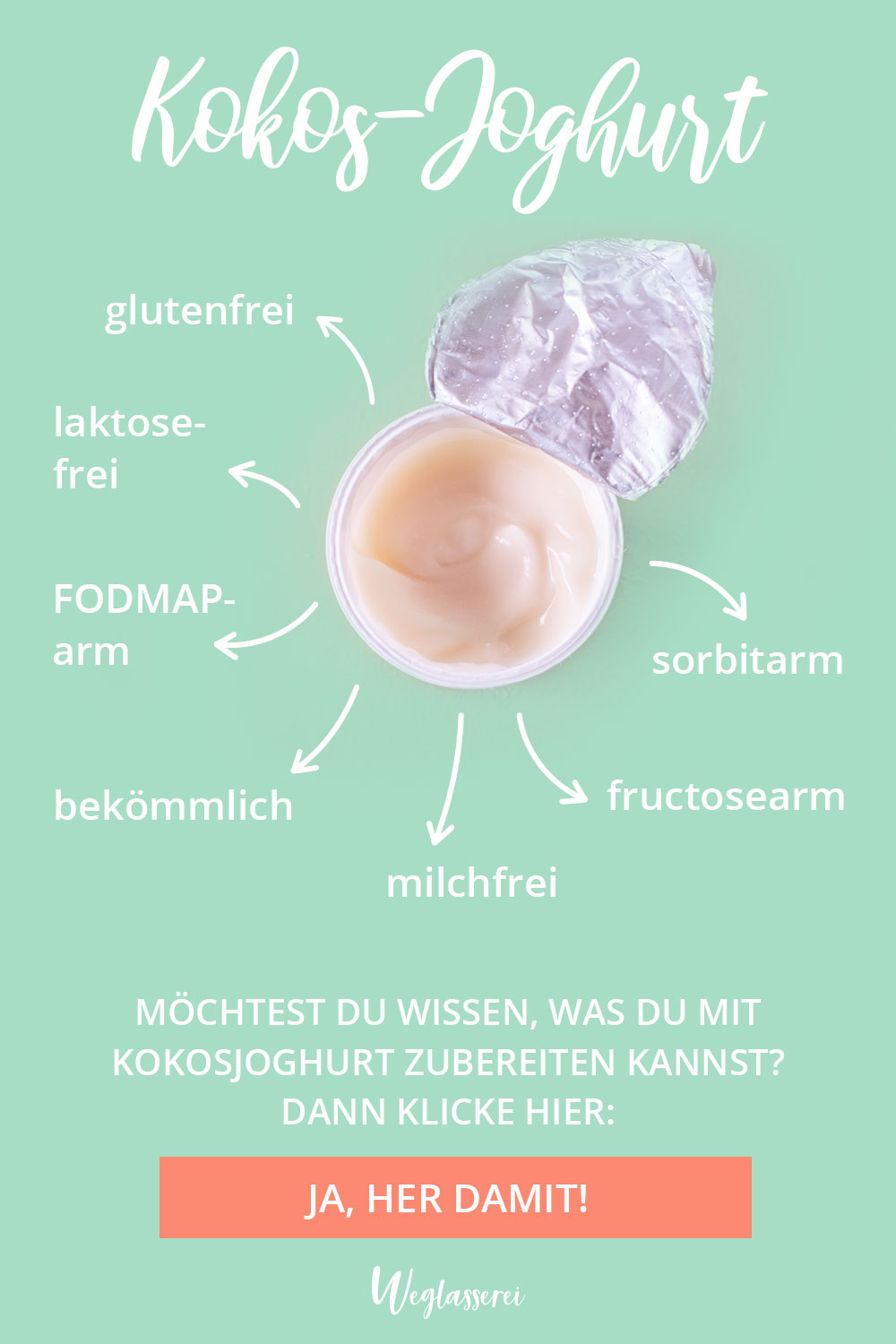 Kokosjoghurt ist ideal als Ersatz für Joghurt aus Kuhmilch bei einer Laktoseintoleranz oder Milcheiweißunverträglichkeit. Auch bei Reizdarm ist er bekömmlich. Was du damit zubereiten kannst, erfährst du in der Weglasserei Warenkunde. #fructoseintoleranz #lowfodmap #fodmap #fodmaparm